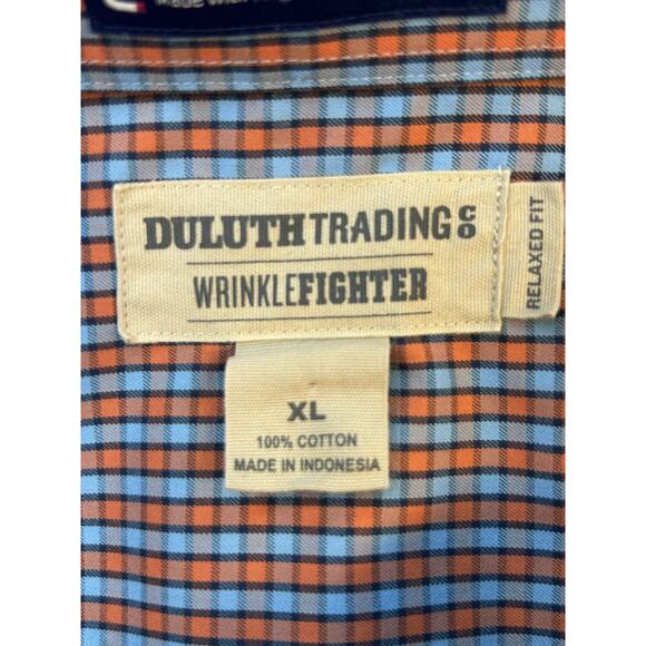 Duluth Trading CO. Men's XL WrinkleFighter Button Up Orange/Blue Plaid - Picture 5 of 6
